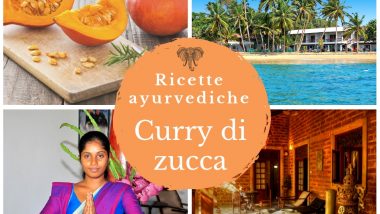 Zucche per curry, spiaggia indiana con palmene Oceano, donna indiana, intenro hotel ayurveda