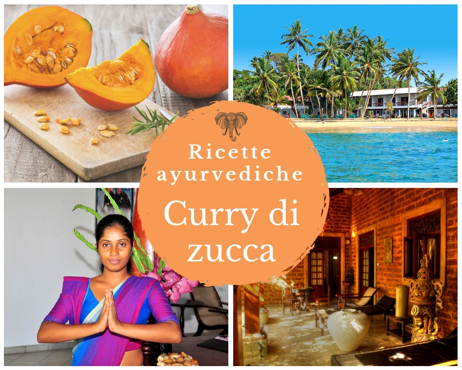 Zucche per curry, spiaggia indiana con palmene Oceano, donna indiana, intenro hotel ayurveda